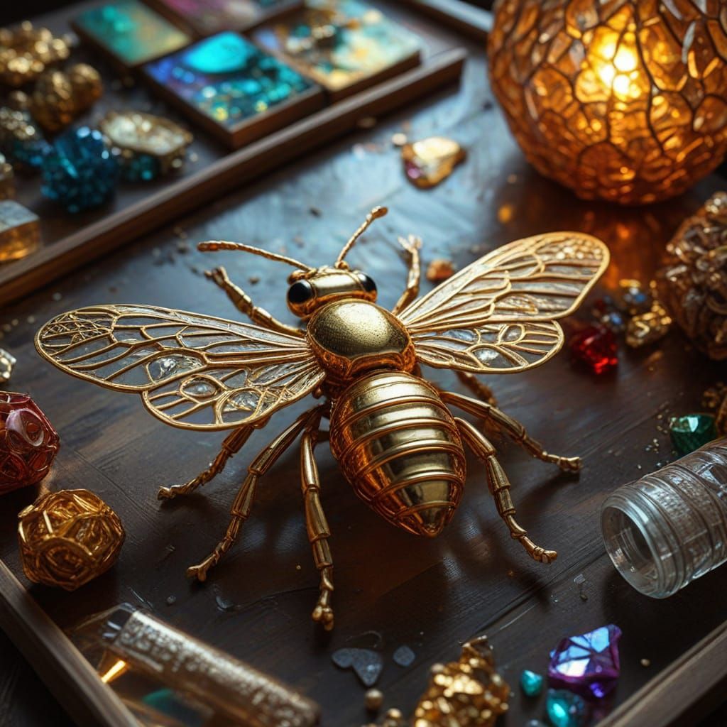 Gold Filigree Glass Bee Still Life in Oil Painting Style