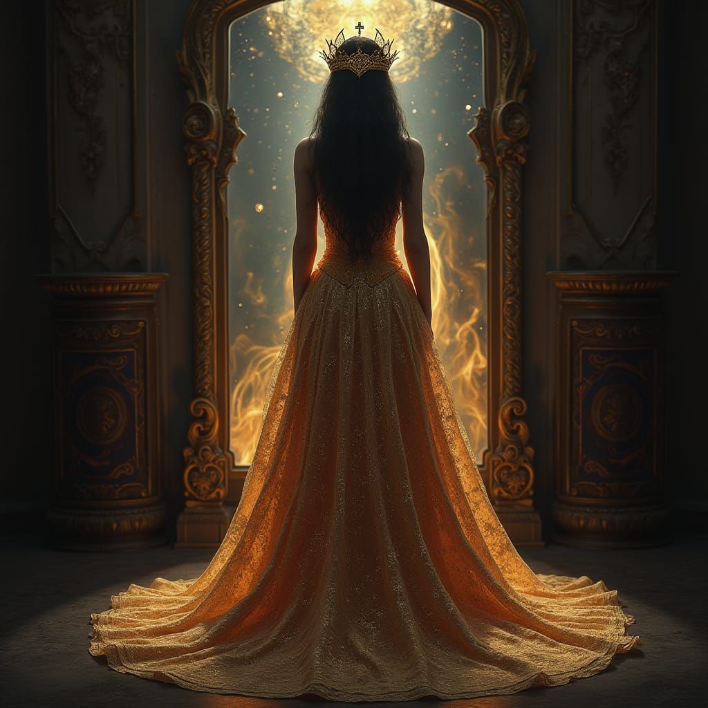 Regal Woman Unveils Her Mystical Past in Dreamweave Gown