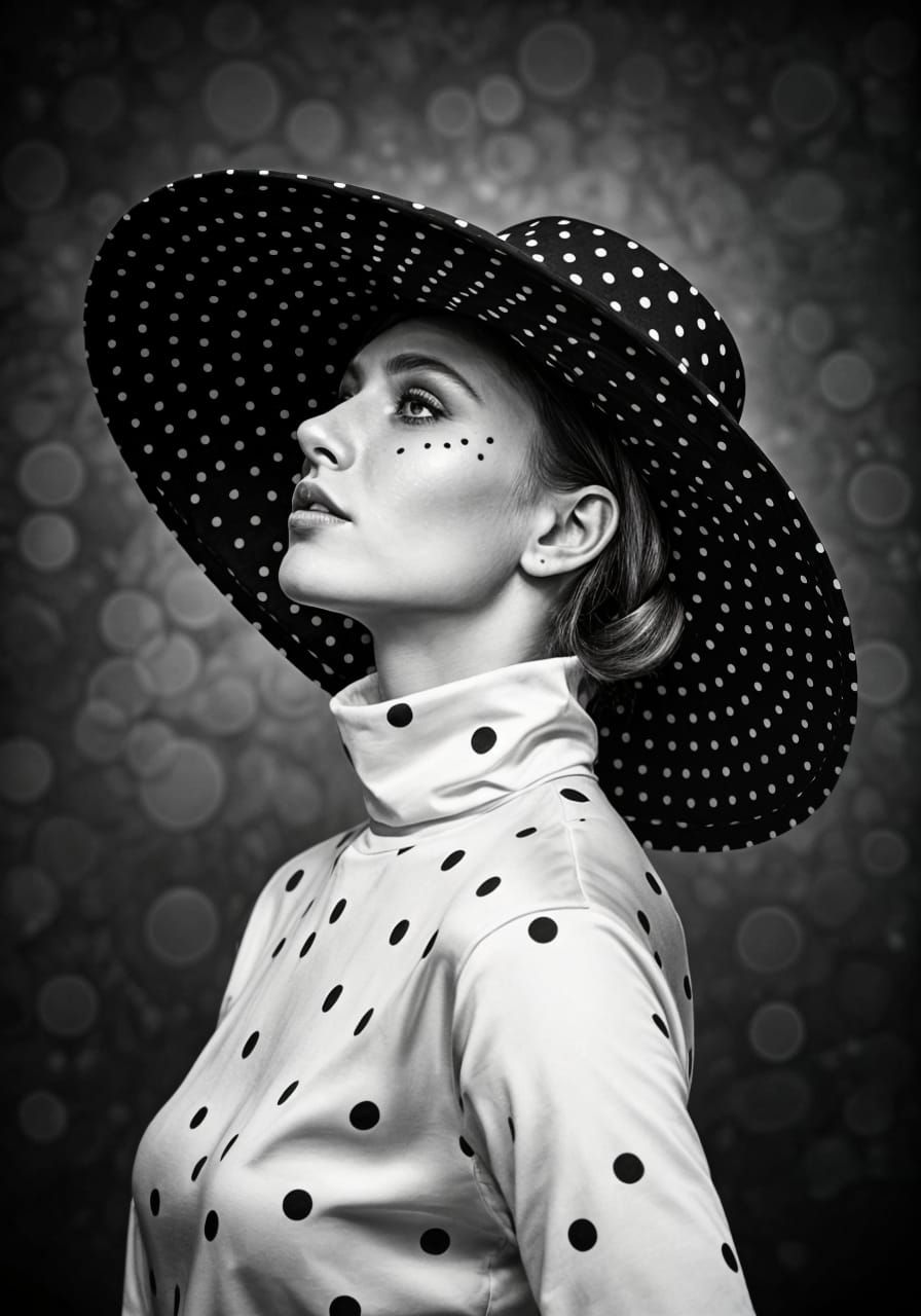Elegant Woman in Polka Dots: Black and White Portrait