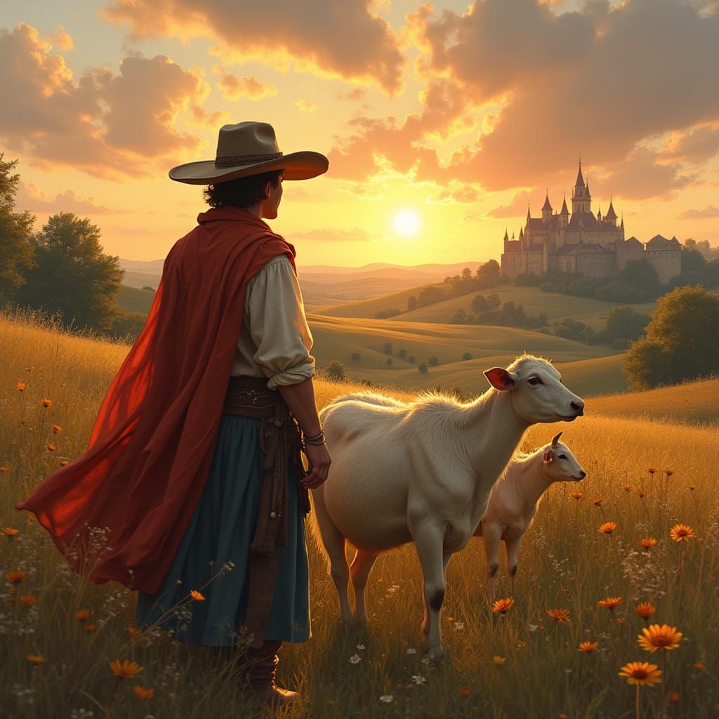 Young Shepherd Tends Flock in Valley, Medieval Village in Di...