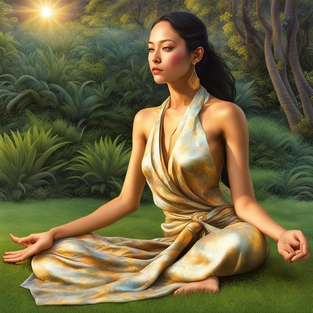 Meditating Hawaiian Woman with Merging Dimensions Vision