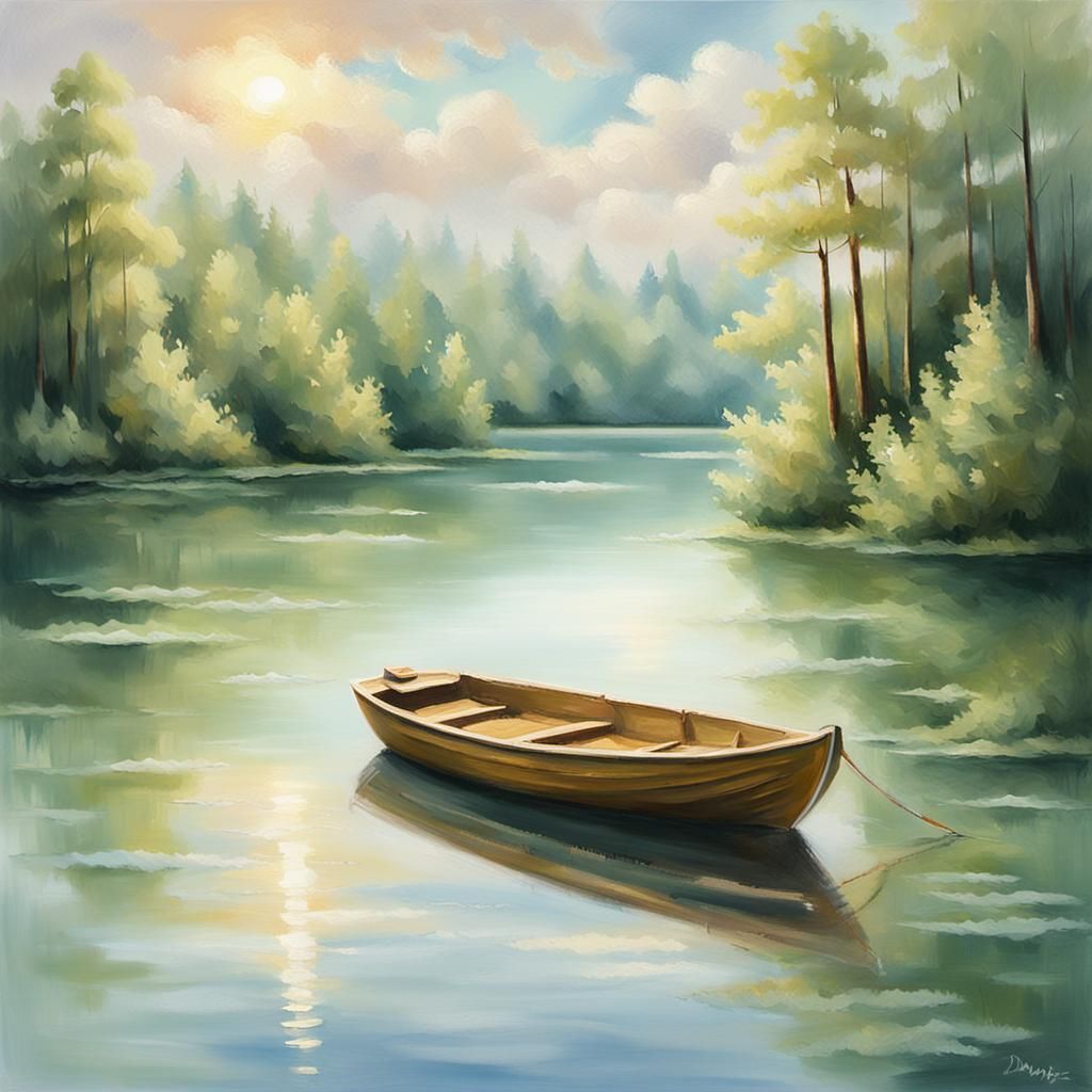 Impressionist Landscape: Boat on Serene Lake