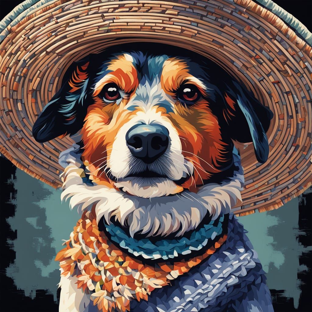 A turbulent techchichi dog in a woven sombrero abstract art complementary colors fine details