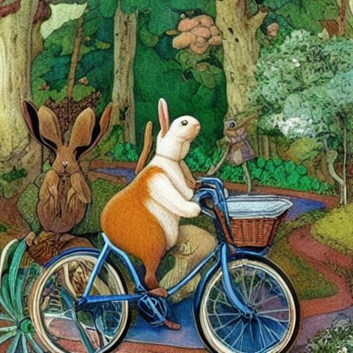Whimsical Rabbit on Bicycle Chases Old Woman in Folk Art Sty...