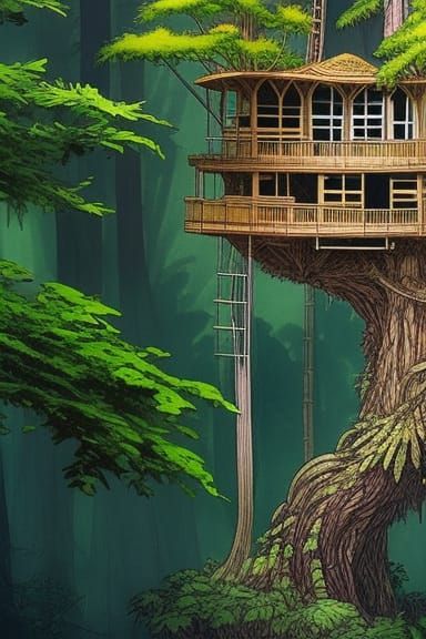 Giant Redwood Treehouse Concept Art in Watercolor