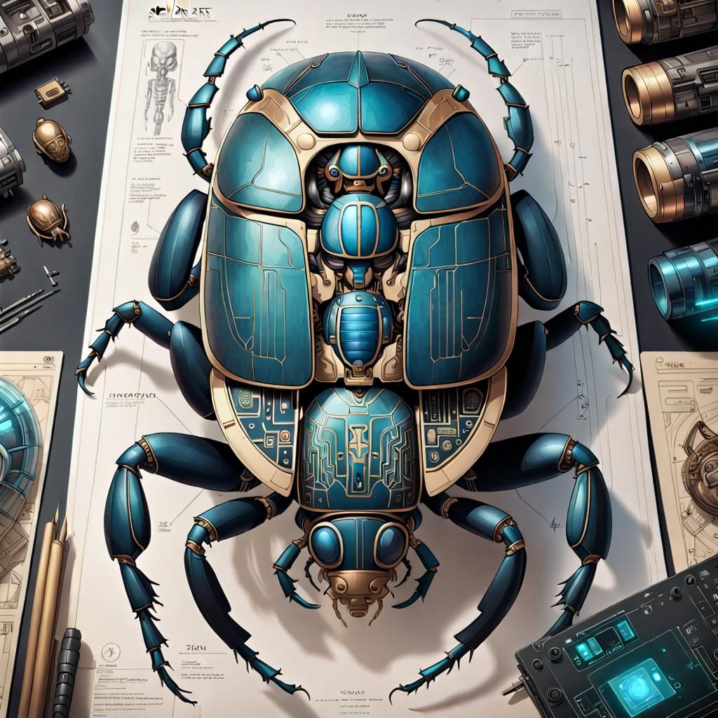 Cyberpunk Scarab Beetle Schematic Illustration