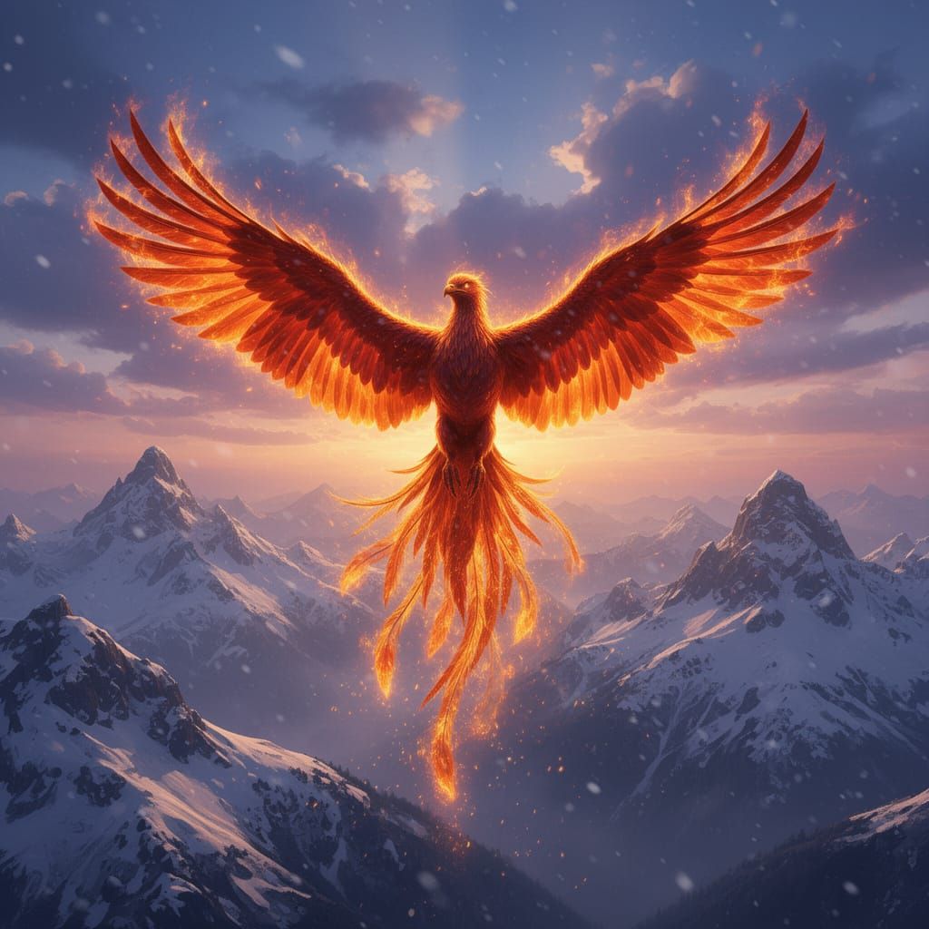 Majestic Phoenix with Fiery Wings Soars Over Mountains