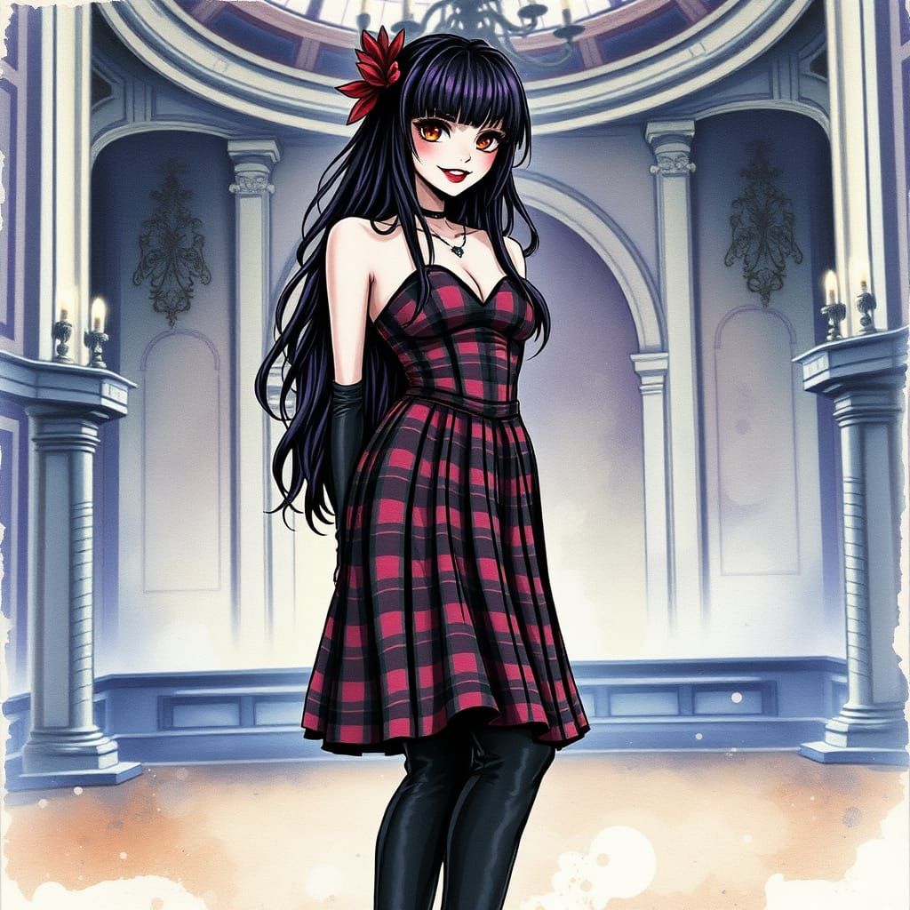 Woman in Plaid Gown and Combat Boots in Gothic Ballroom