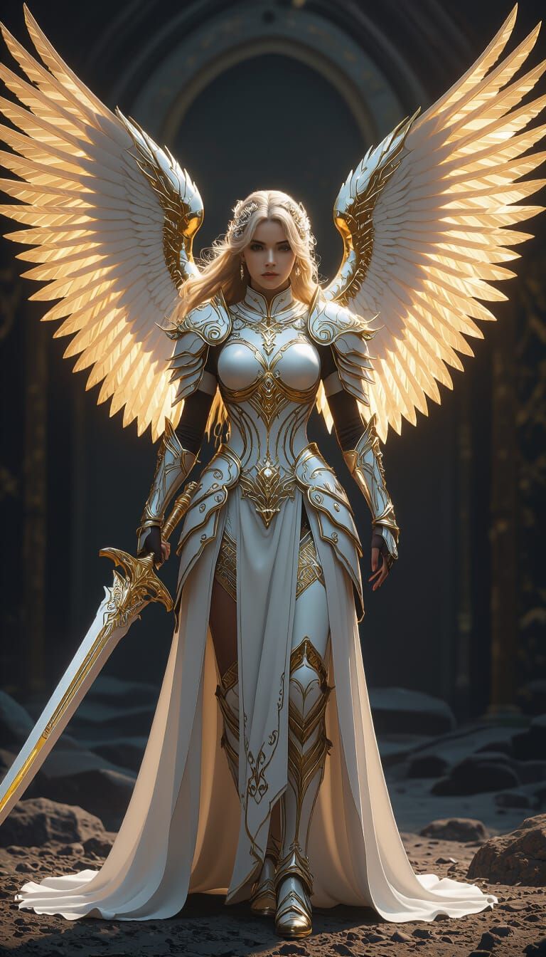 Angelic Warrior with Golden Wings and Burning Swords
