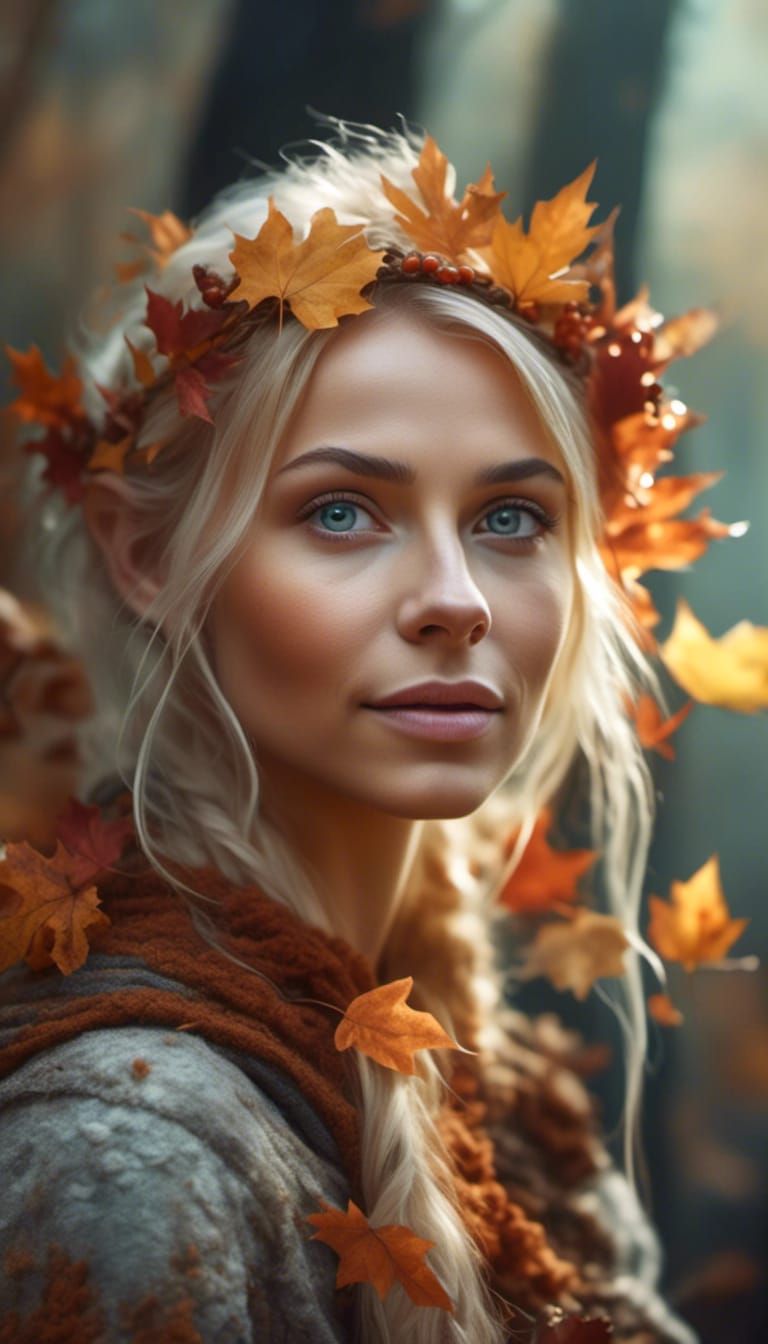 Blonde Elf Portrait in Autumn Forest