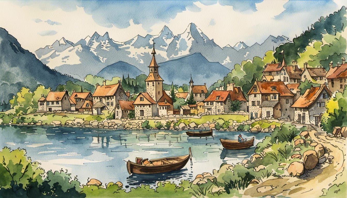 Victorian Village Lakeside View in Asterix Style