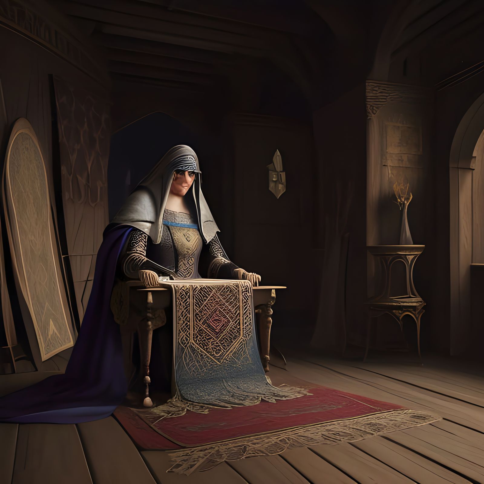 A medieval weaver weaving cloth in a castle.