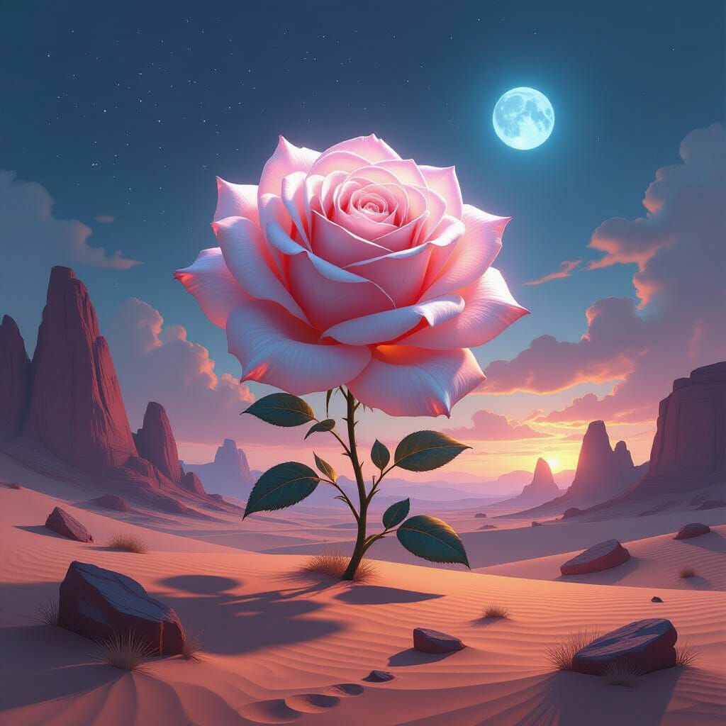 Bioluminescent Rose in Ethereal Desert Landscape