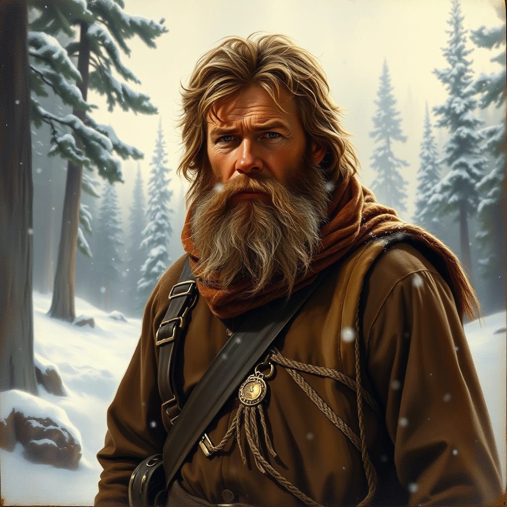 Mountain Man Jeremiah Johnson in Snowy Forest Oil Painting