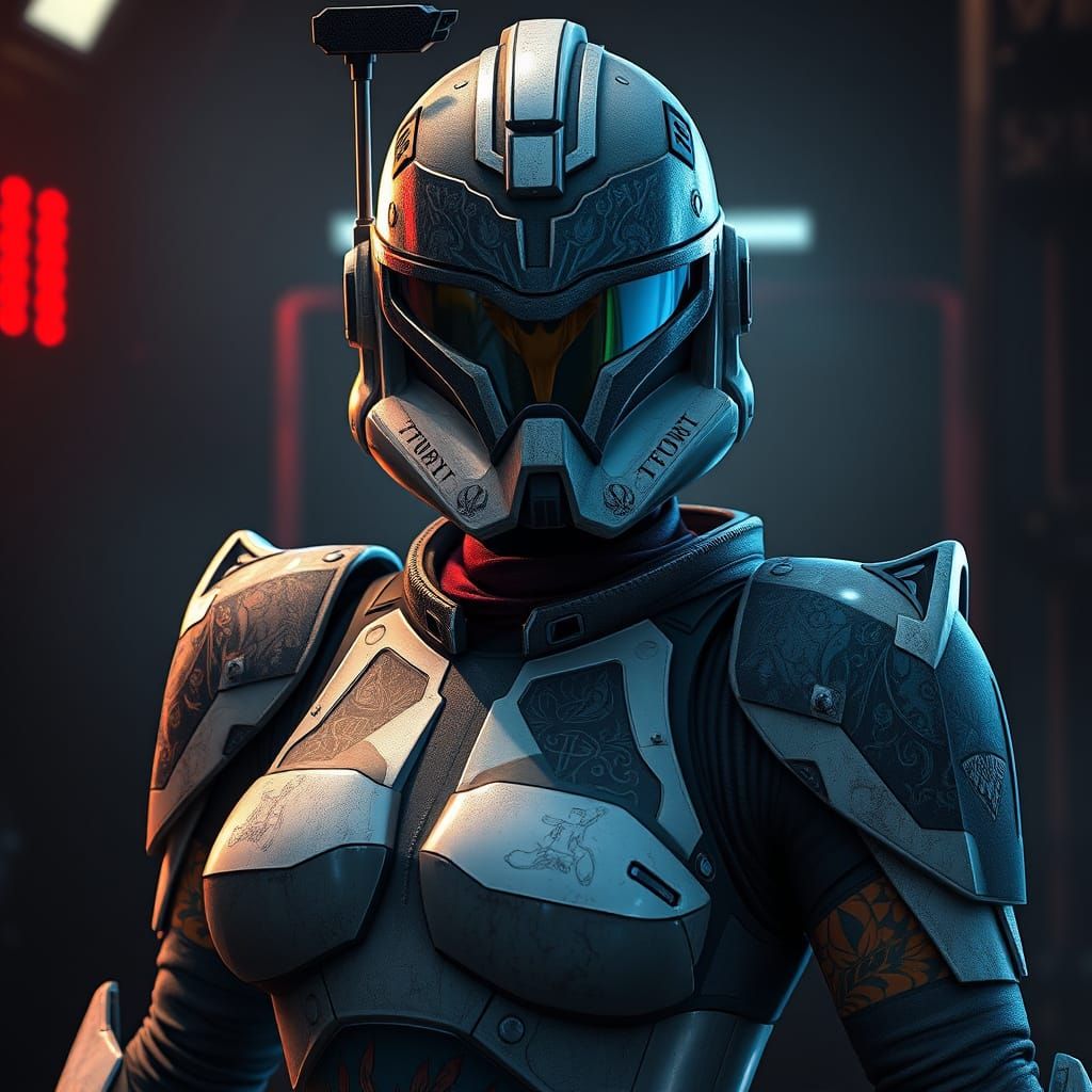 Female Clone Trooper with Tattoos in Dimly Lit Futuristic Se...