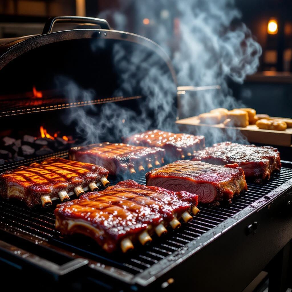 Photorealistic Grilled Ribs and Brisket on Smoker