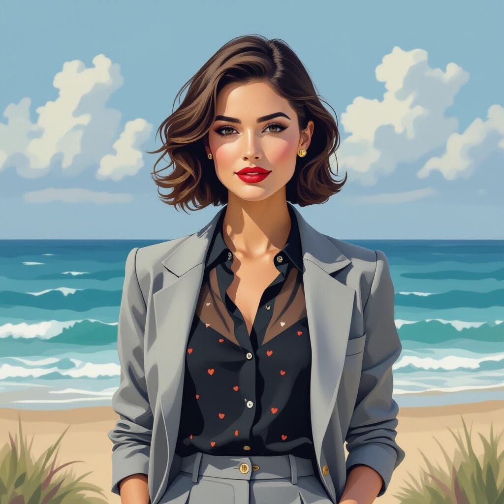 Woman in Retro Bob Strolls by Atlantic Ocean in Gouache Styl...