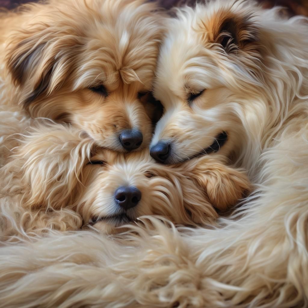 Shaggy Dog and Puppy in Golden Light