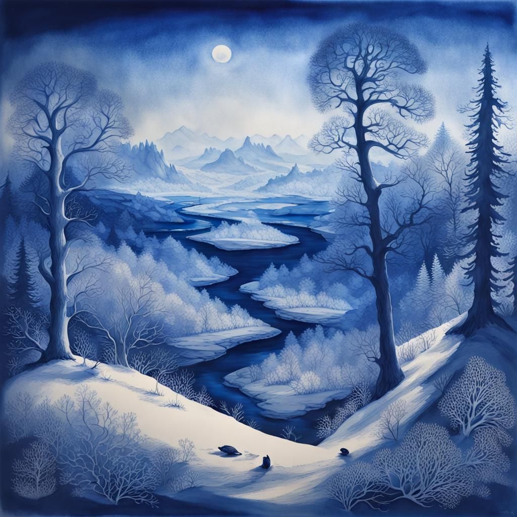 Hibernal Sorcerer in Cyanotype Landscape