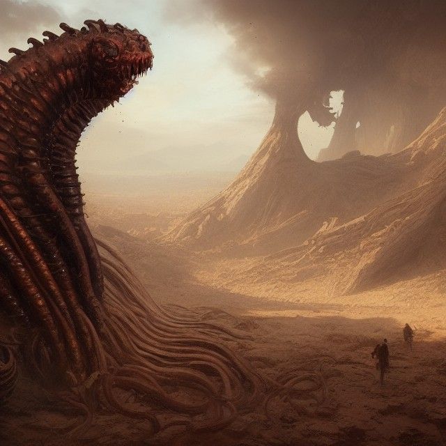 Giant Worm Emerges: Lovecraftian Epic Painting