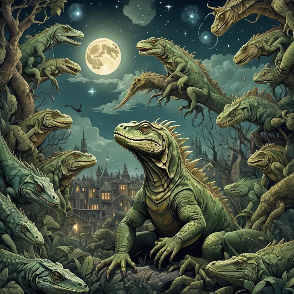 Surreal Moon Creatures and Iguanas in the Sky