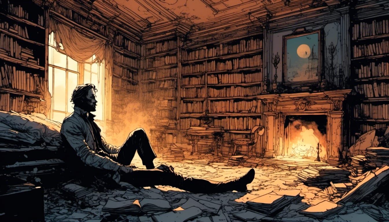 Moebius-Inspired Library Scene at Night