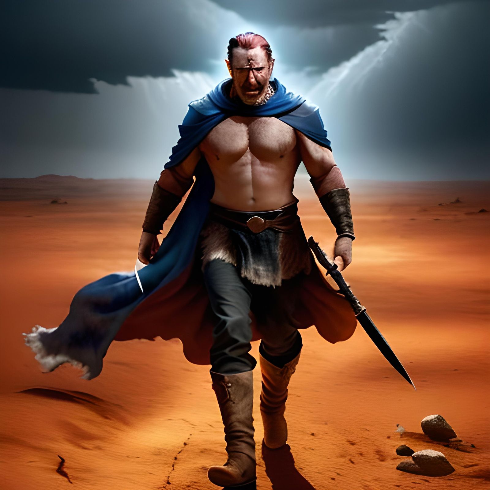 Scarred Man in Stormy Wasteland: Cinematic Still