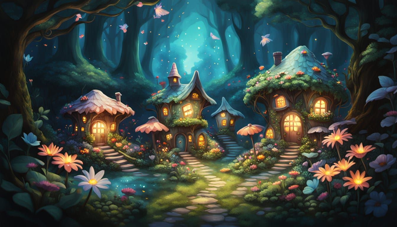 Whimsical Fairy Village Among Glowing Flowers