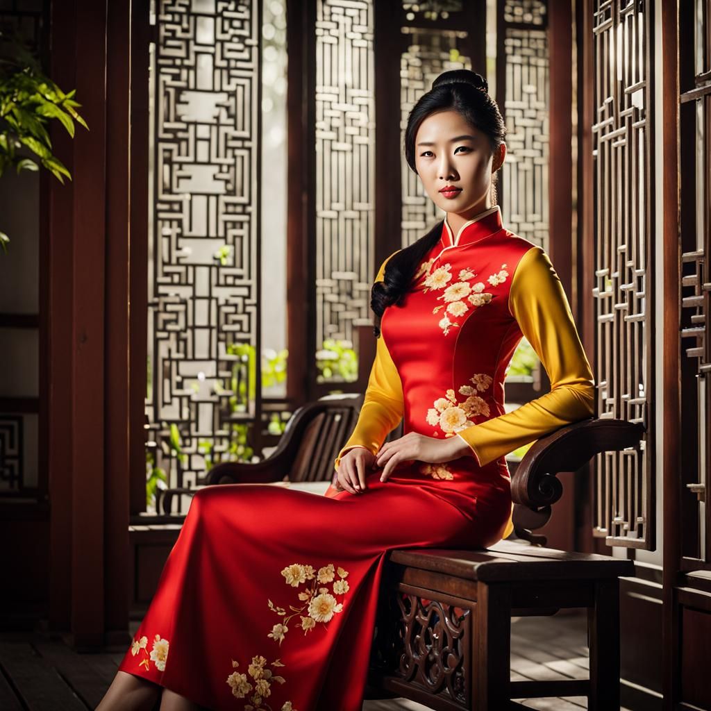 Chinese Woman Contemplating Koi Pond, Professional Portrait