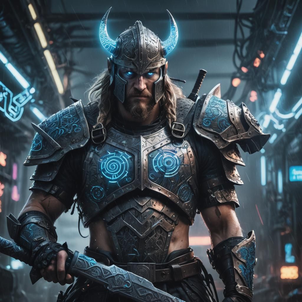 Cyberpunk Viking Warrior with Glowing Axe