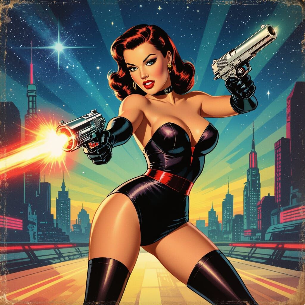 1950s Sci-Fi Pin-Up Femme Fatale with Laser Pistol