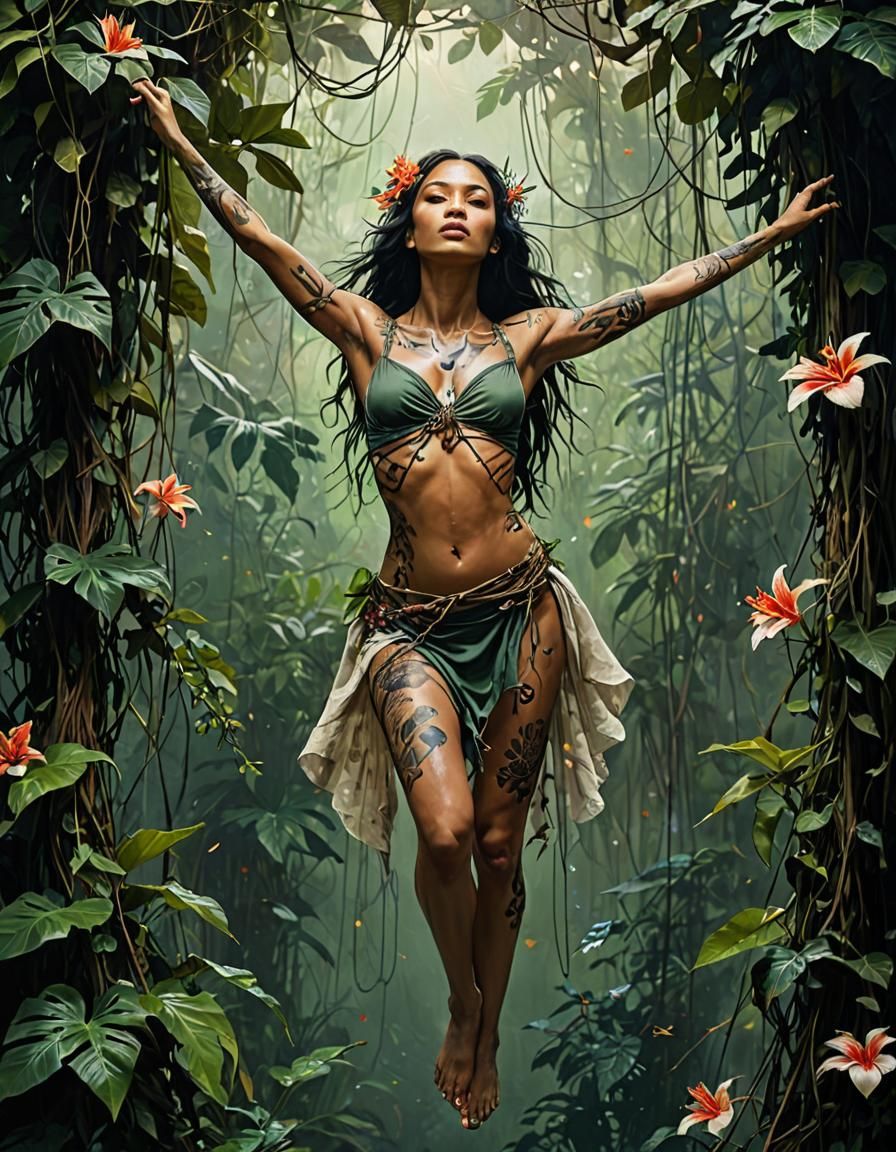 Native Girl in Rainforest: Oil on Canvas