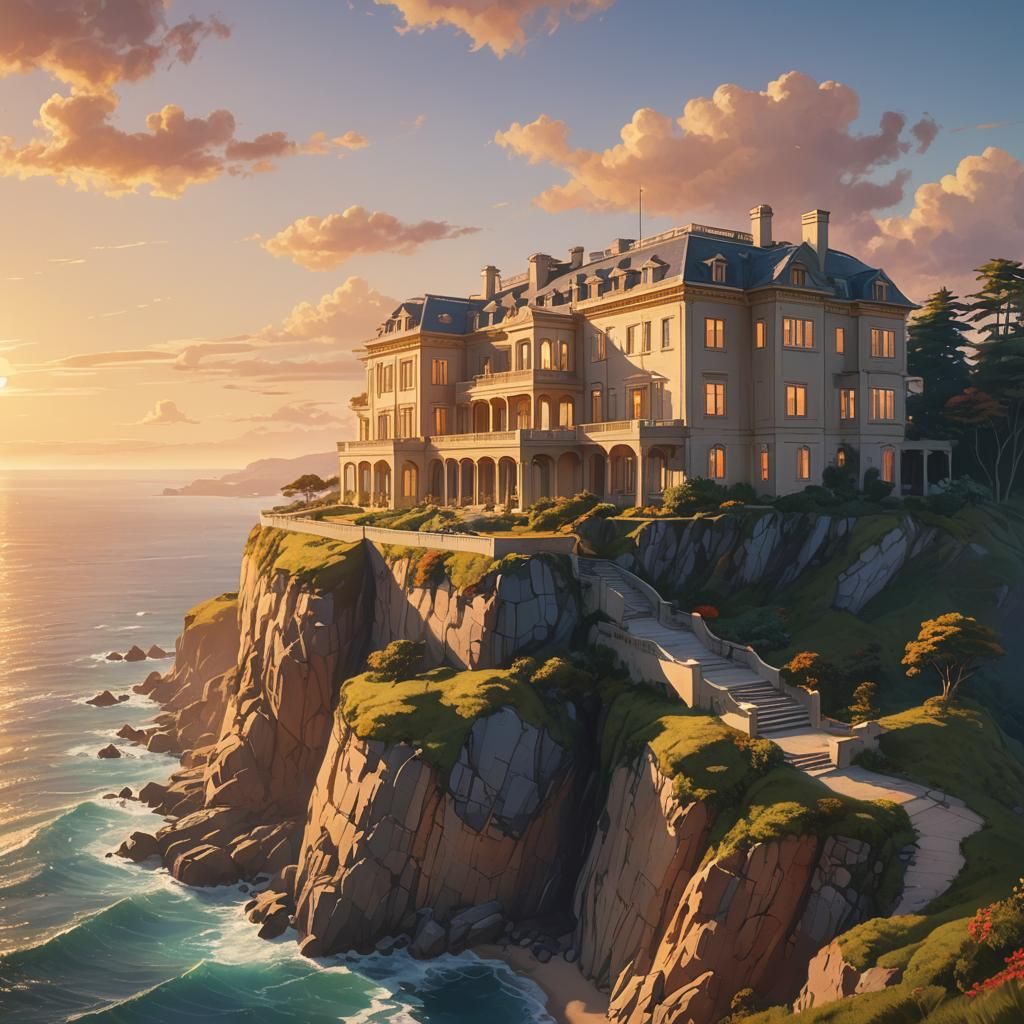 Oceanfront Mansion in Golden Hour Light
