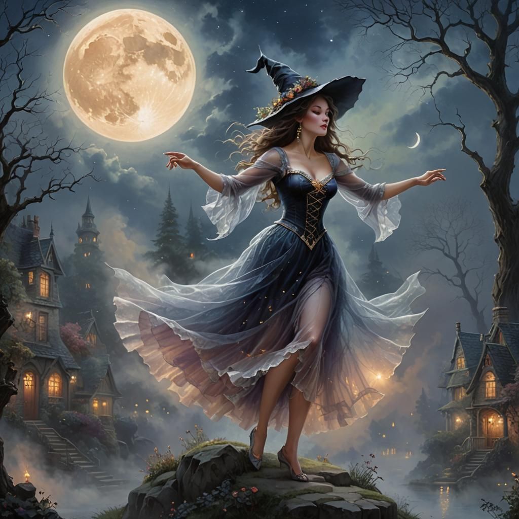 Ethereal Moon Witch Dancing in Hyperdetailed Fantasy