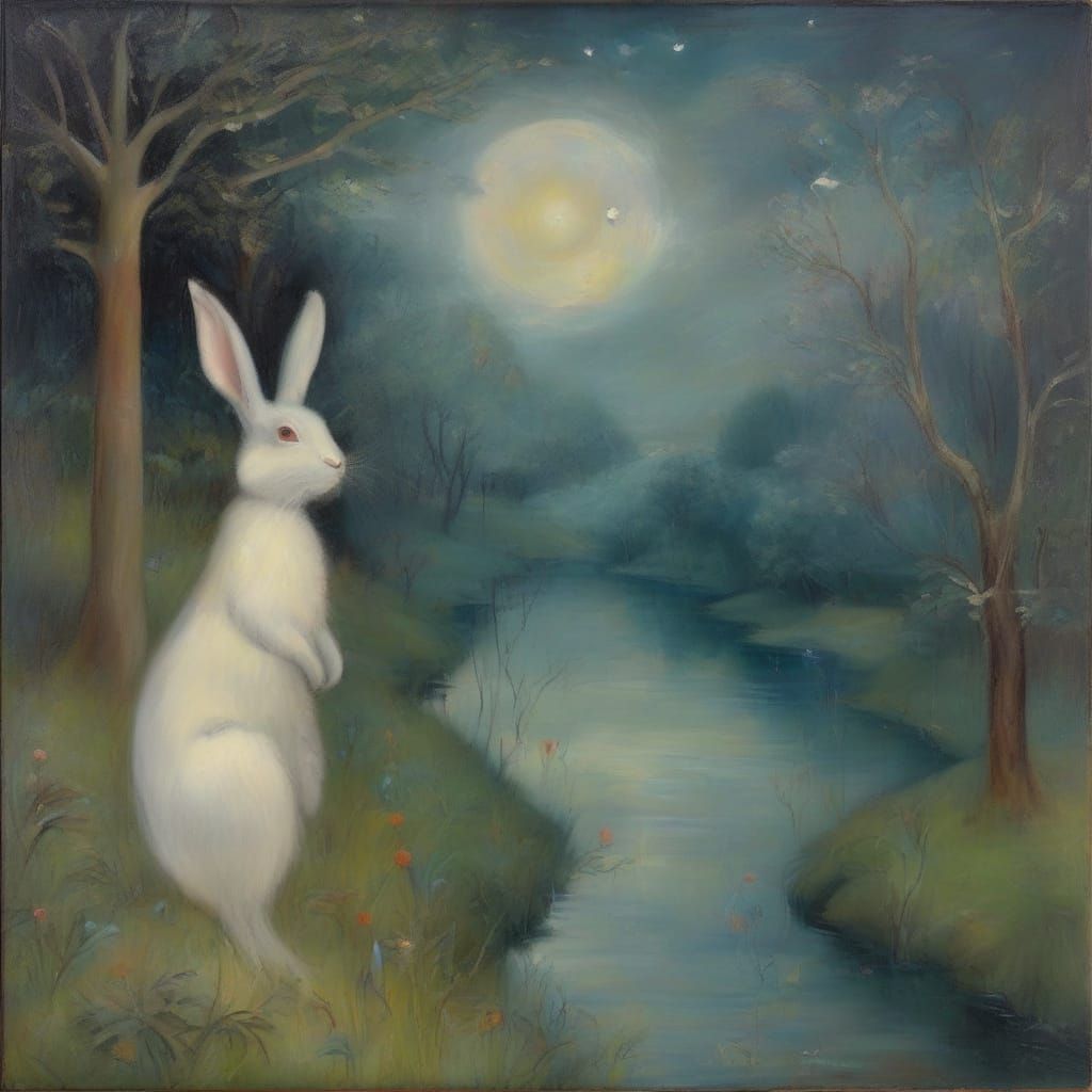 Surreal Rabbit Dreams of Barefoot Woman in Ethereal Moonligh...