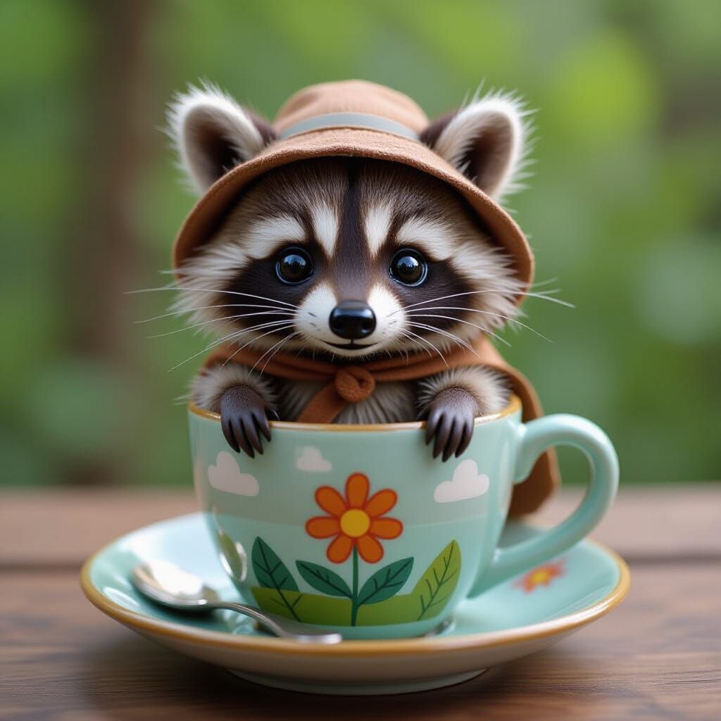 Teacup Raccoon Adventurer Exploring a Miniature World