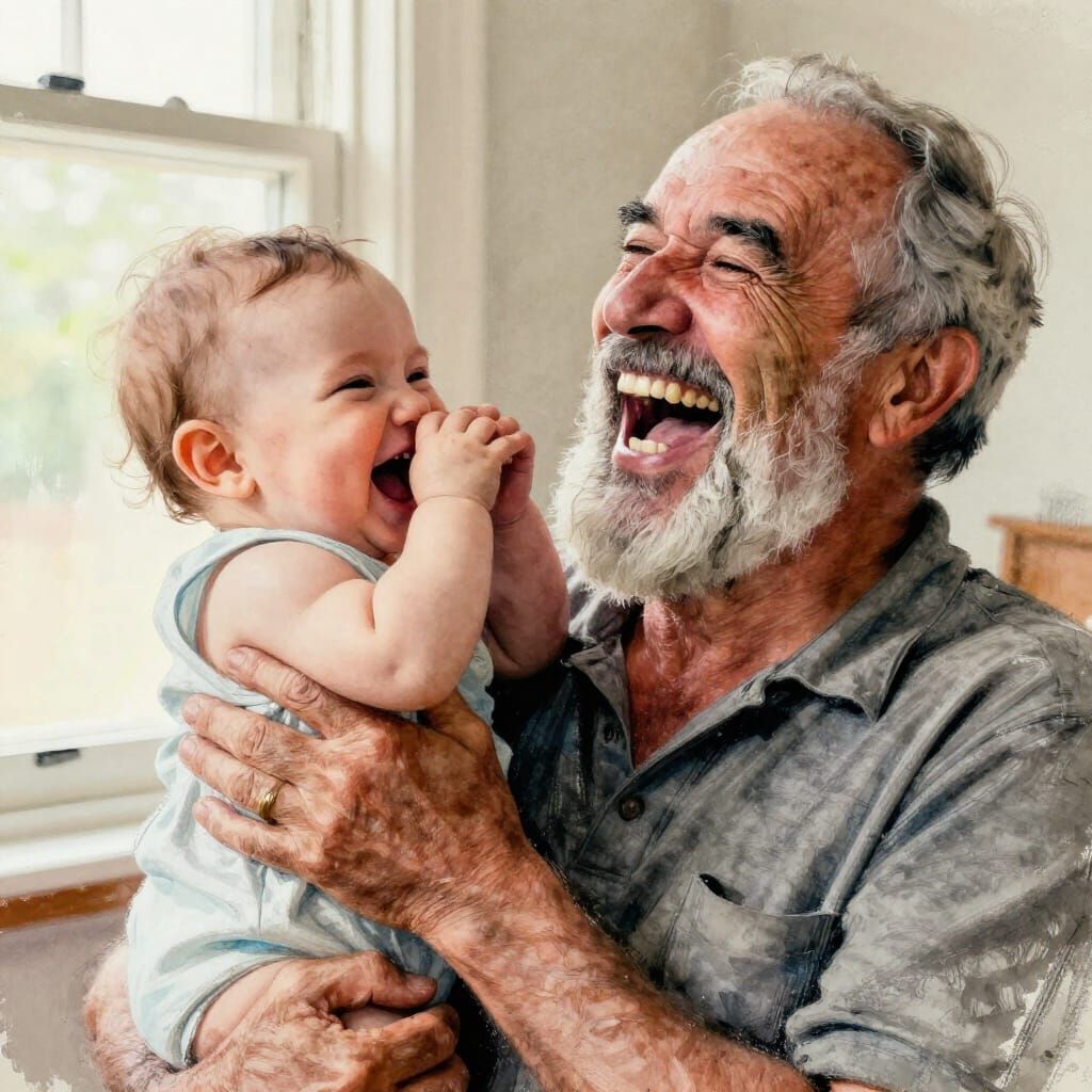 Joyful Grandfather Laughs With Giggling Baby