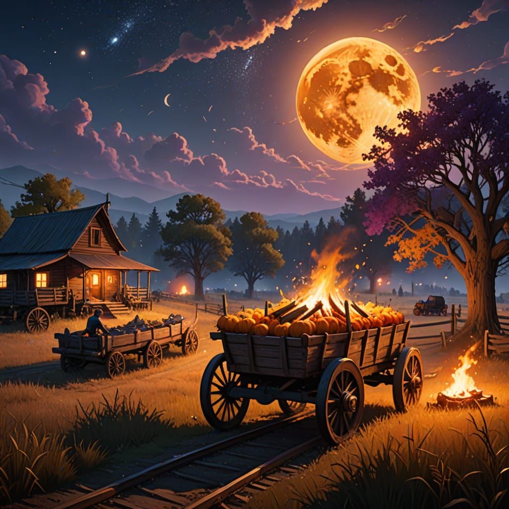 Harvest Moon Hayride: A Fantasy Oil Painting