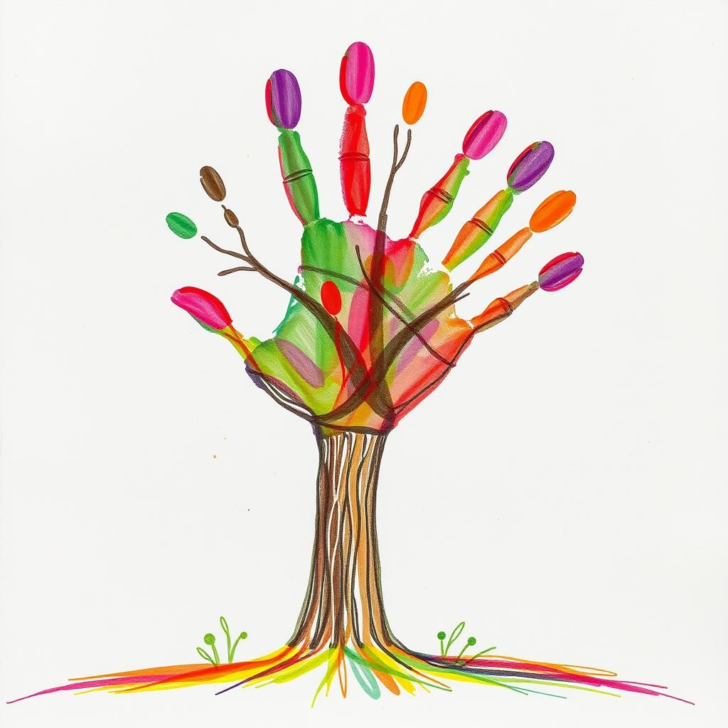 Naive Handprint Tree Art with Childlike Innocence