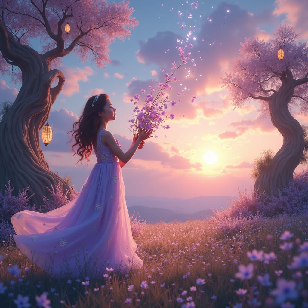 Girl with Flowers in a Dreamlike Landscape