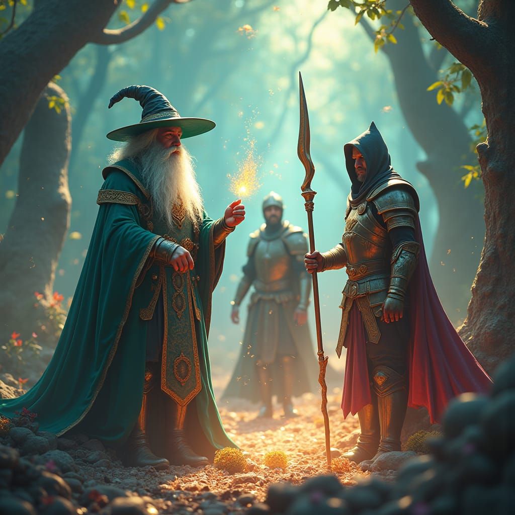 Fantasy Trio: Wizard, Knight, and Rogue in Dreamscape