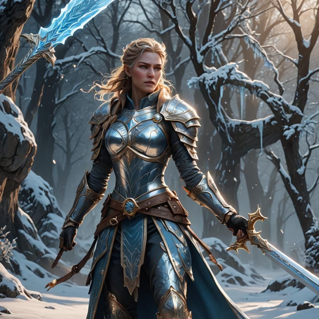 Heroic Frost Captain with Glowing Sword in Dark Fantasy Styl...