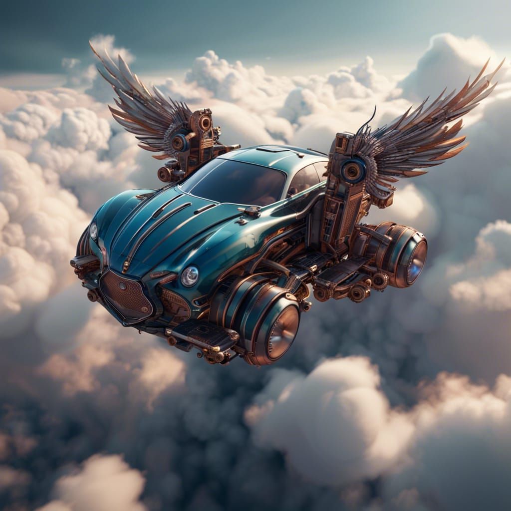 Car with Mechanical Wings Soaring Above Clouds