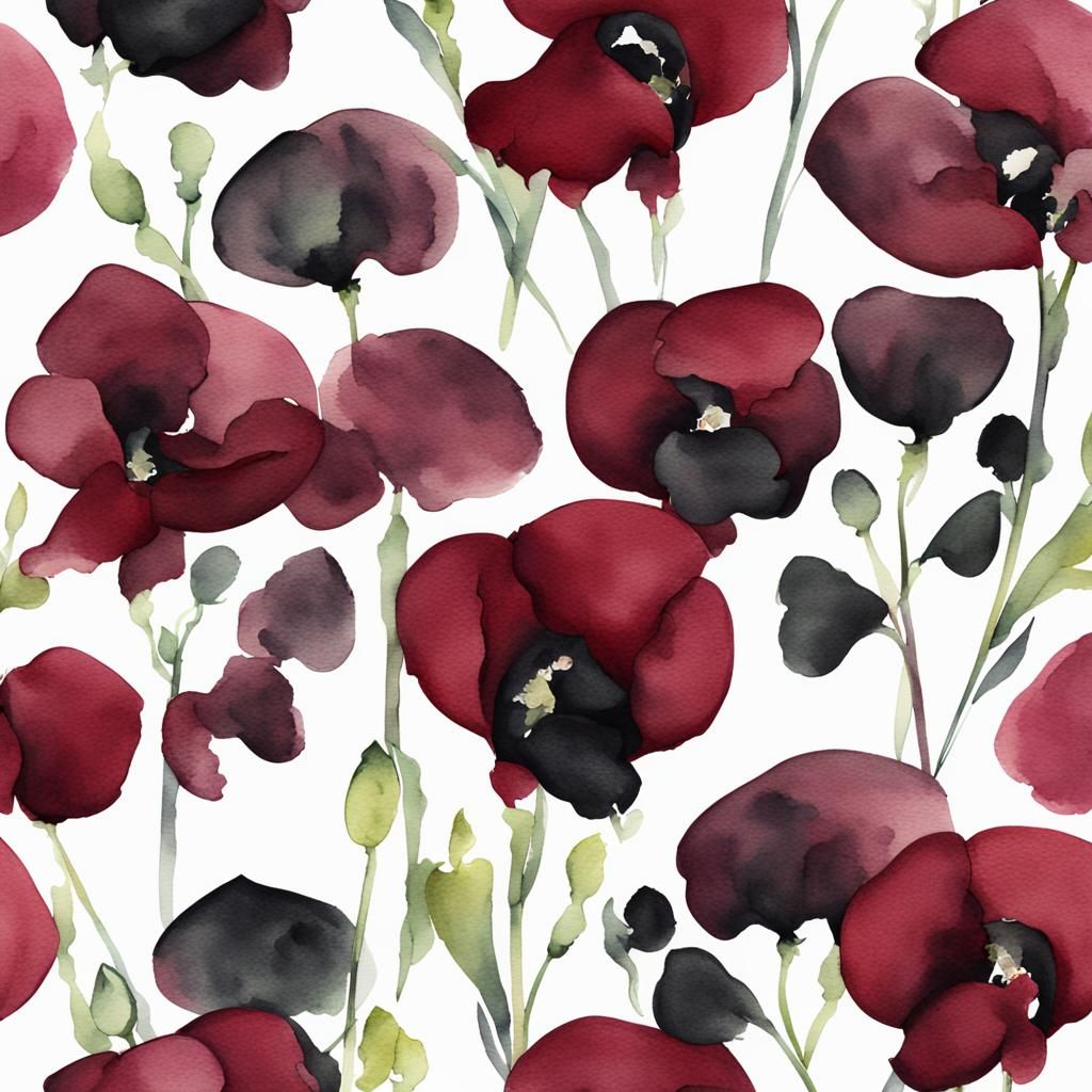 Elegant Burgundy and Black Sweetpea Watercolor
