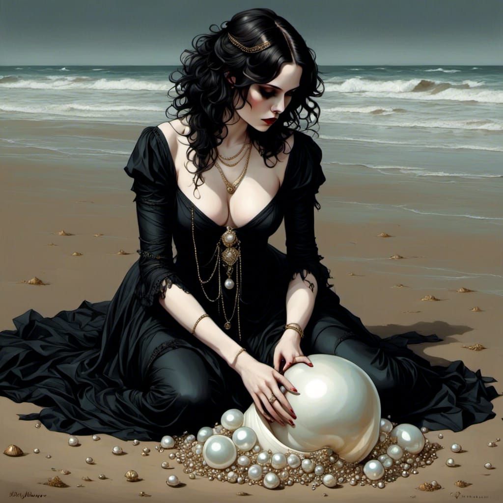 Girl Finds Pearl on Beach: Photorealistic Full Body Portrait