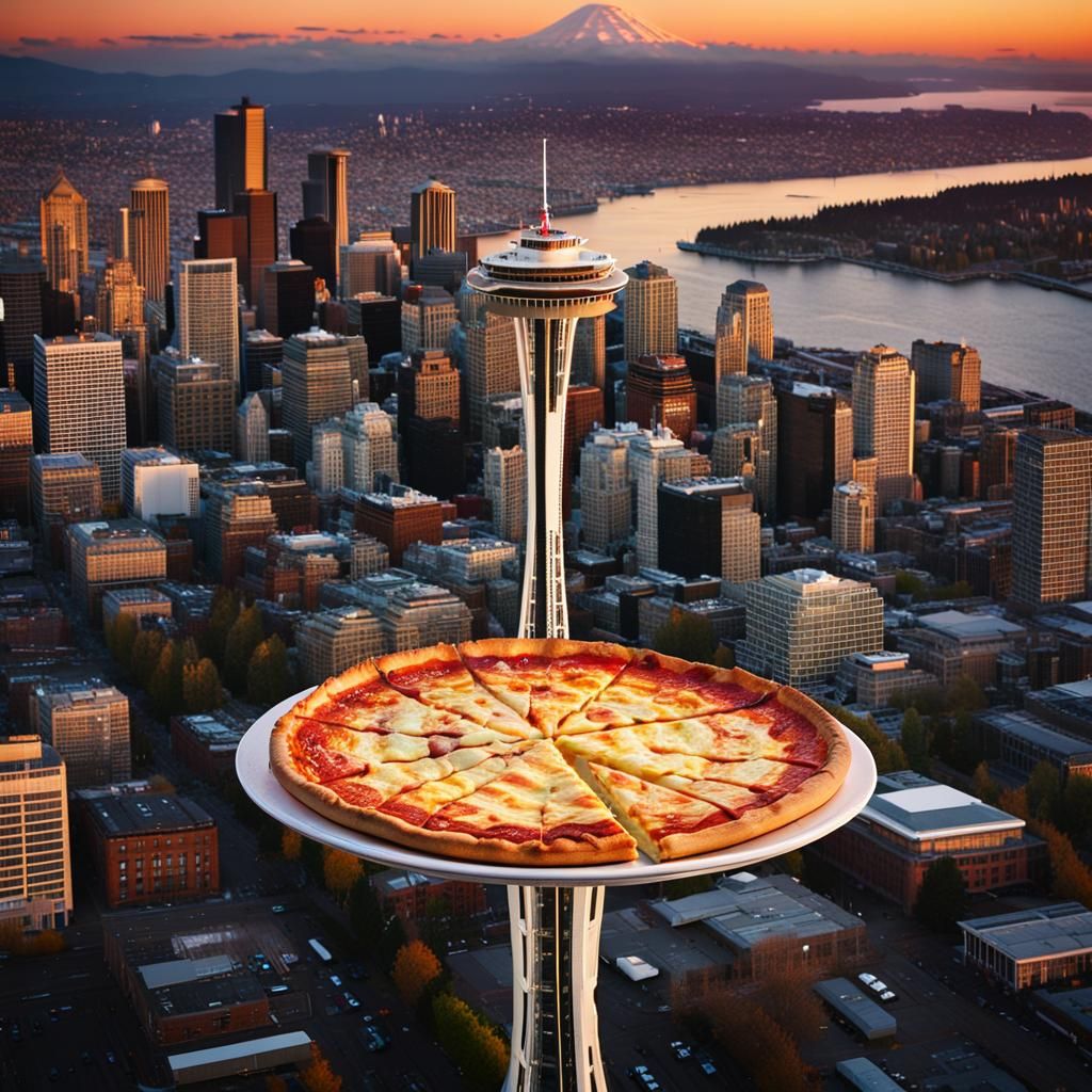 A huge cheese pizza on top of the space needle in Seattle