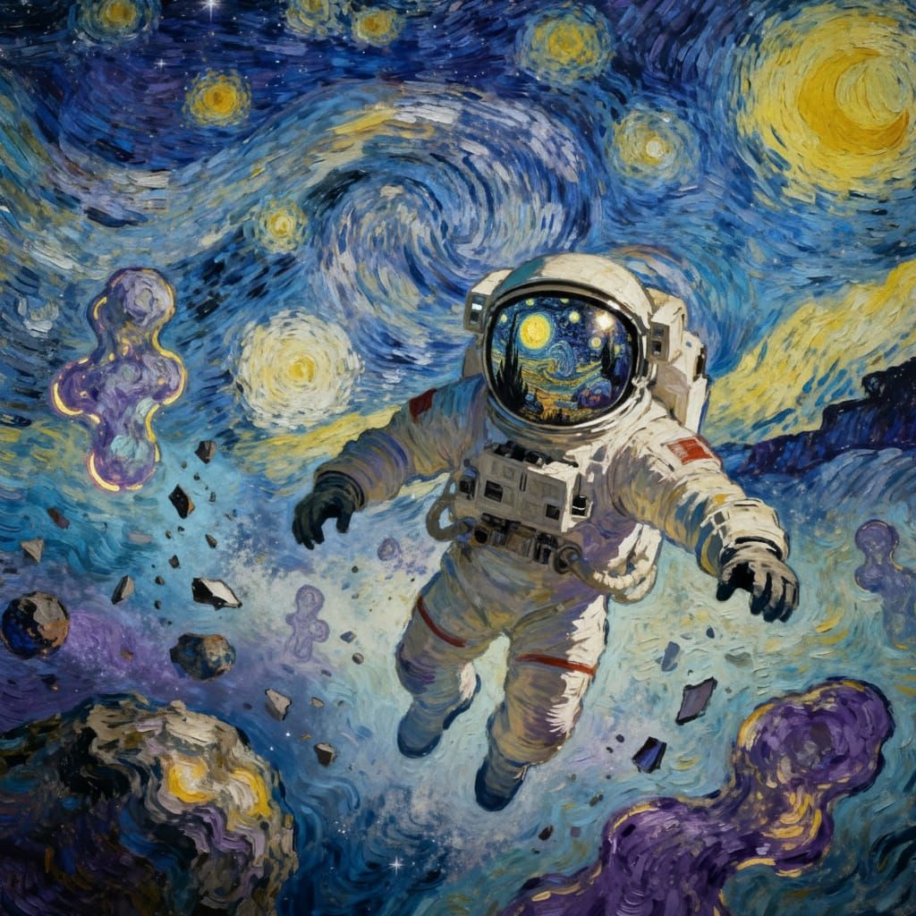 Astronaut in Cosmic Nebula Reflecting Post-Impressionist Art