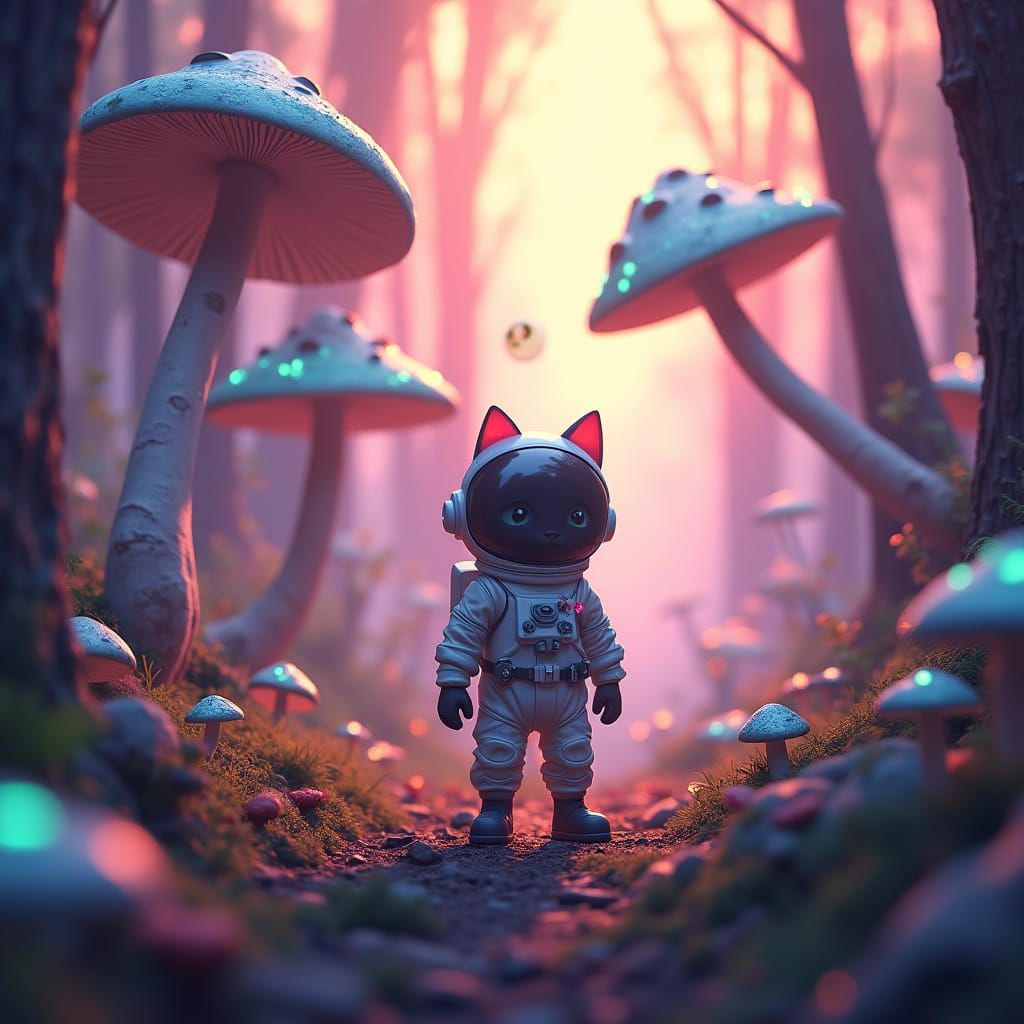 Pixar Cat Astronaut in a Vibrant Alien Mushroom Forest