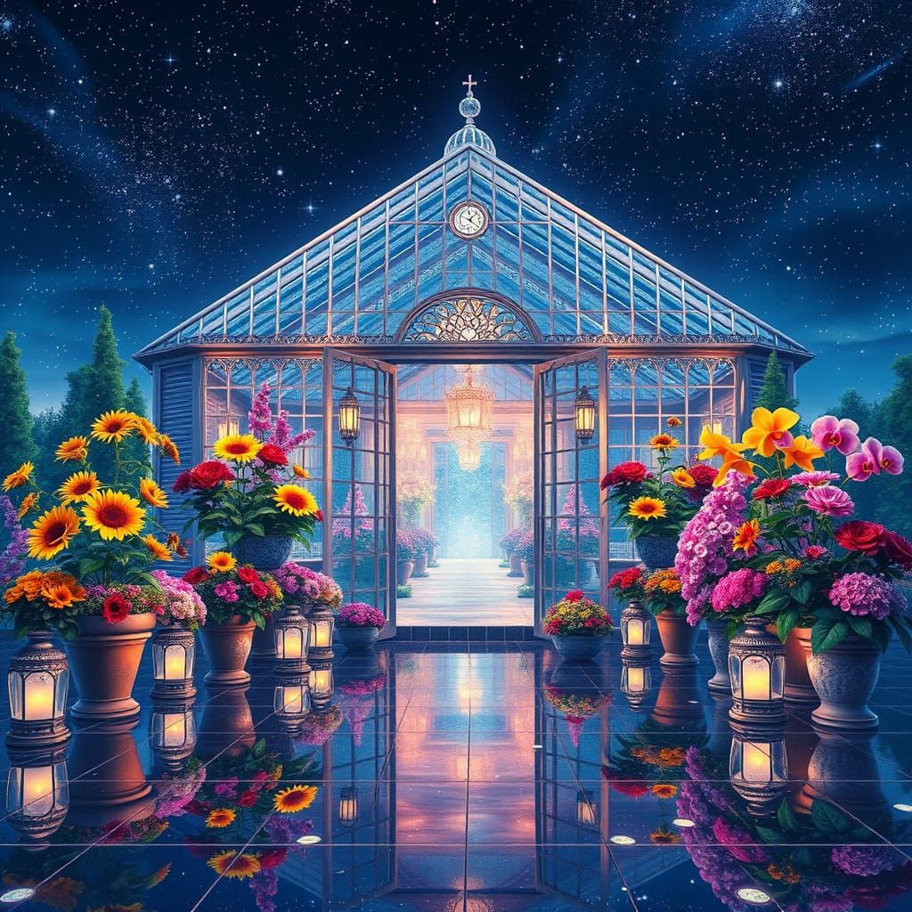 Uma estufa de tirar o fôlego à noite, cercada por um céu escuro e estrelado.