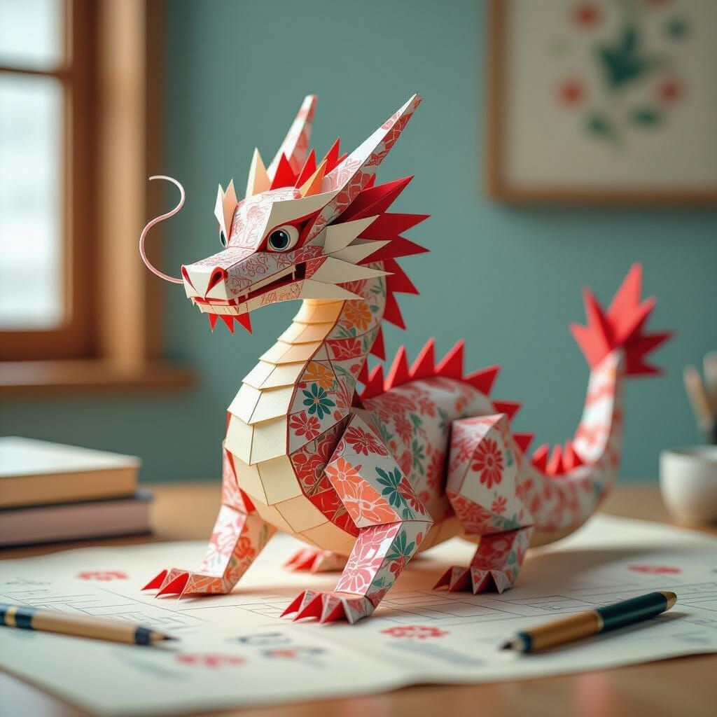 Intricate Origami Dragon Papercraft in Vibrant Colors